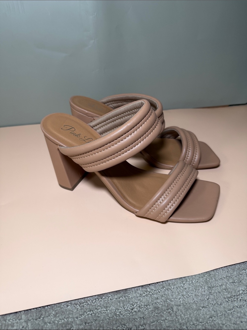 Beige Double Strap Block Heels Sandals